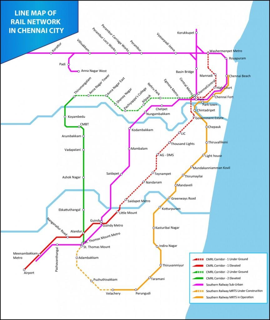 Chennai lokalne željezničke rute na karti